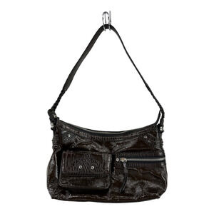 Brighton Womens Shoulder Bag Brown Patent Leather Outer Pocket Braided Strap S